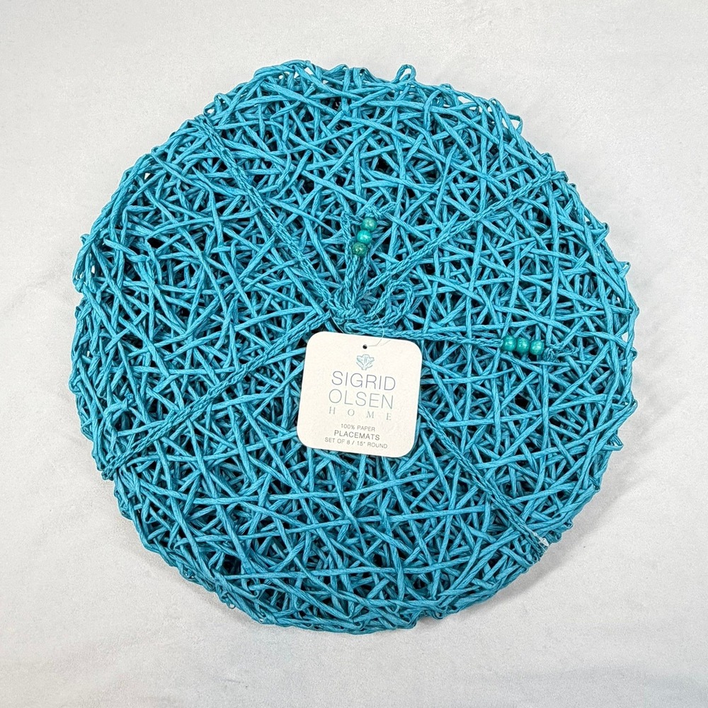 Sigrid Olsen Home Placemats Turquoise Blue Woven Paper Round Set of 8, 14.5"